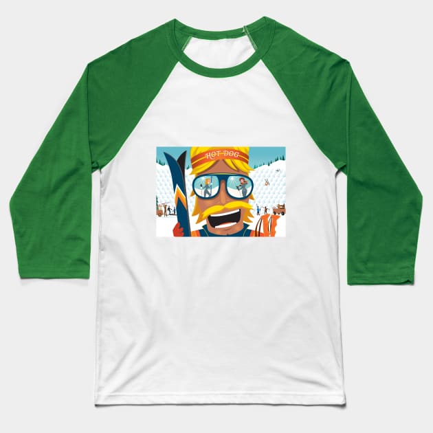 Hot Dogger - The Skiing Cowboy Baseball T-Shirt by Charlie Adam Design Shop